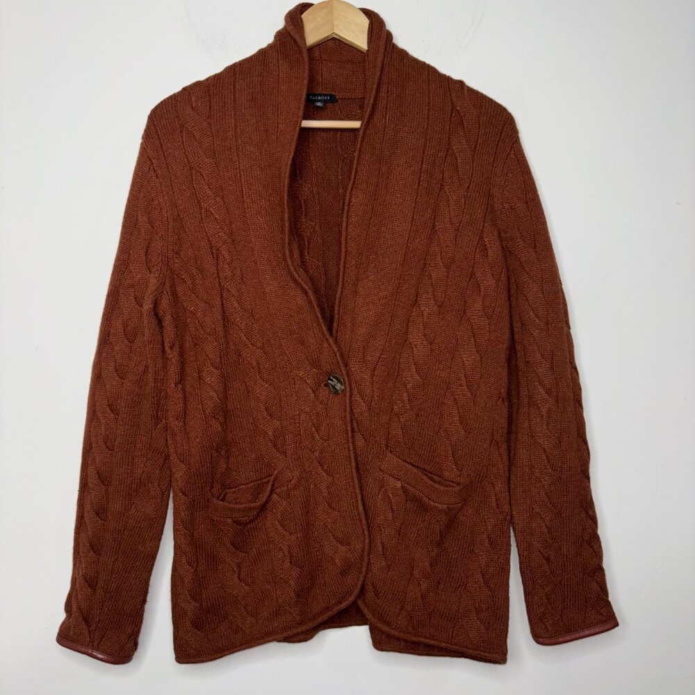 Talbots Wool Blend Cable Knit Cardigan Sweater M Brown Faux Leather Trim - Picture 10 of 14